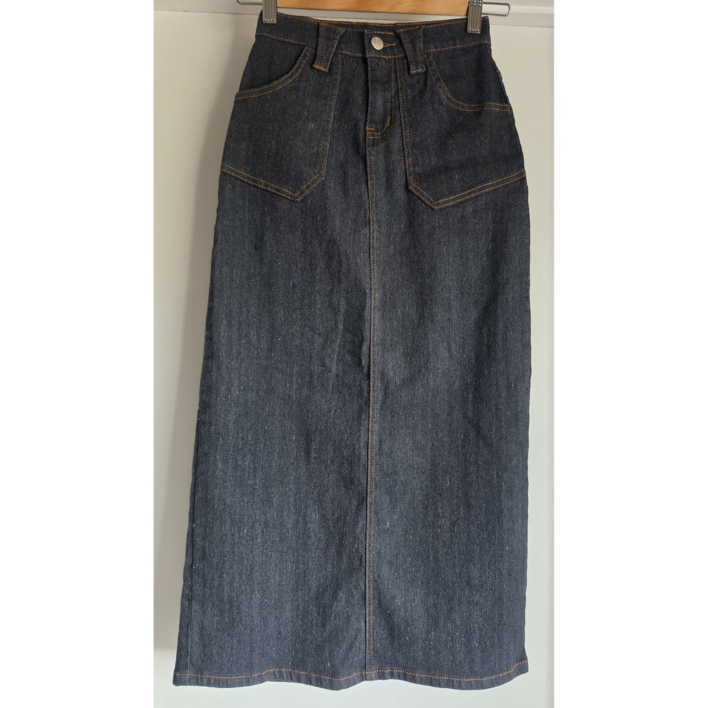 VTG Action Garment USA Maxi Skirt Size 1/2 Dark Blue Solid Ramie Cotton Long